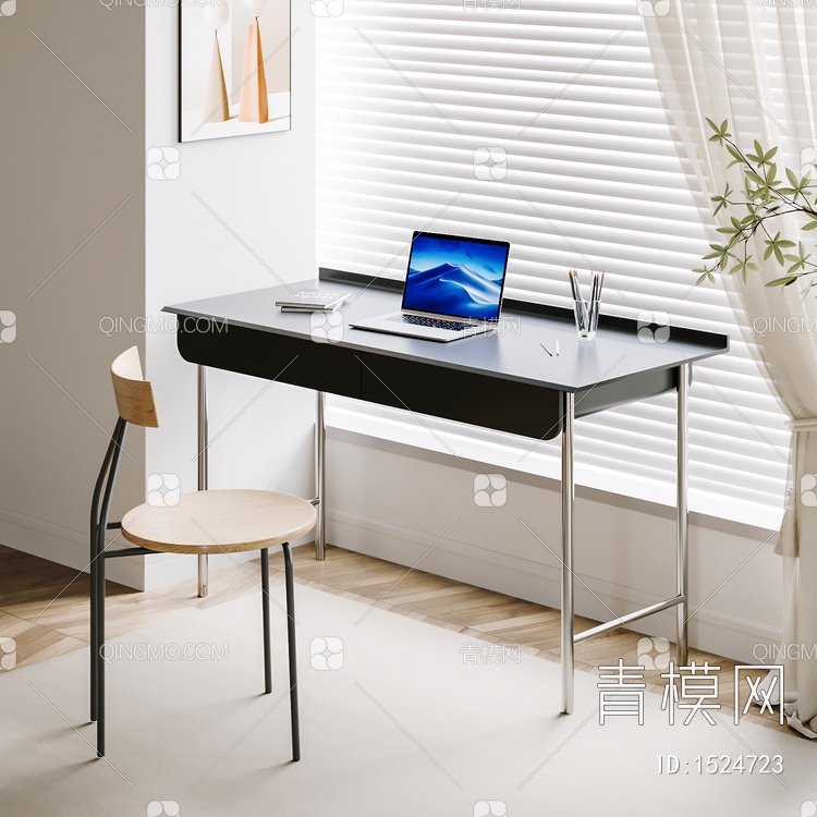 书桌椅组合 办公桌 桌子 饰品 摆件3D模型下载【ID:1524723】