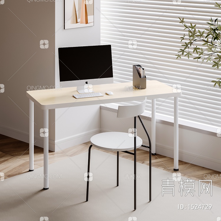 书桌椅组合 办公桌 桌子 饰品 摆件3D模型下载【ID:1524729】