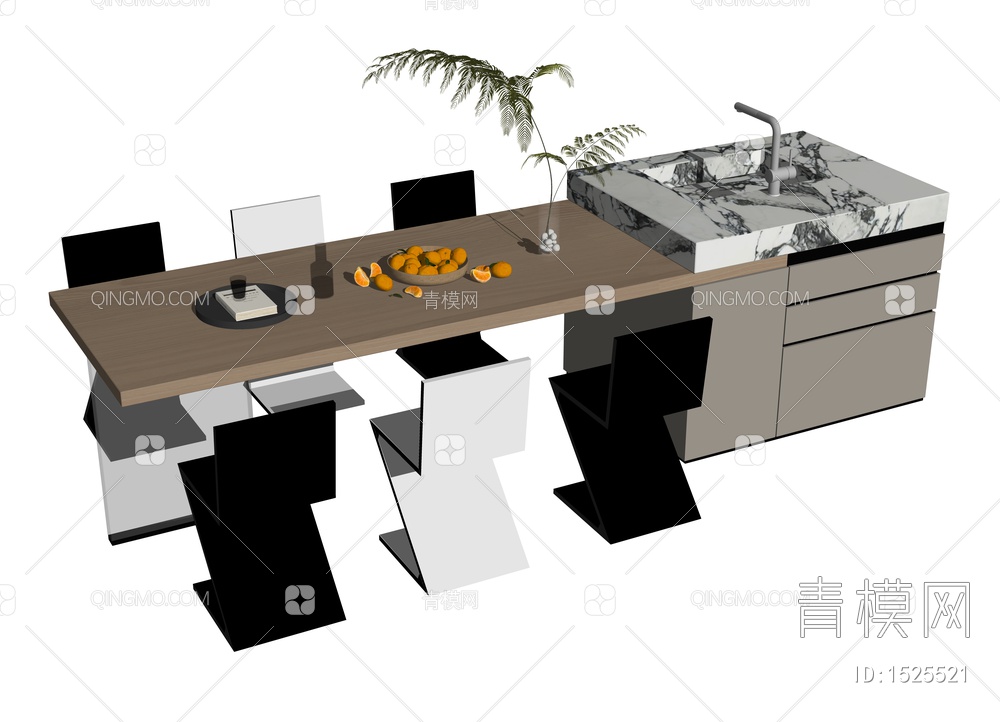 餐桌吧台组合 餐桌椅 吧台 中岛台SU模型下载【ID:1525521】