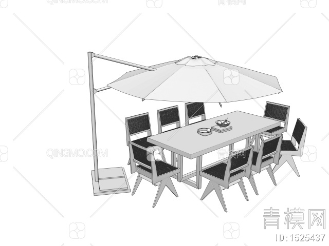 户外餐桌椅 藤编休闲桌椅 遮阳伞3D模型下载【ID:1525437】