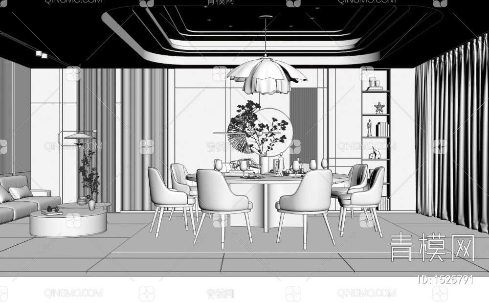 餐厅包间 圆形餐桌椅 餐饮包厢3D模型下载【ID:1525791】