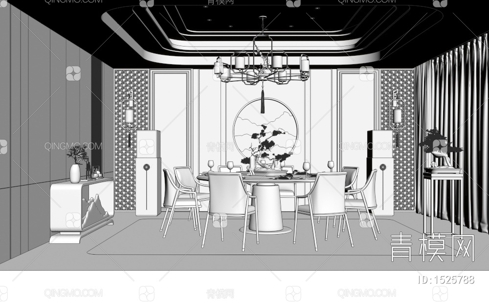 餐厅包间 餐饮包厢 圆形餐桌椅 餐边柜3D模型下载【ID:1525788】