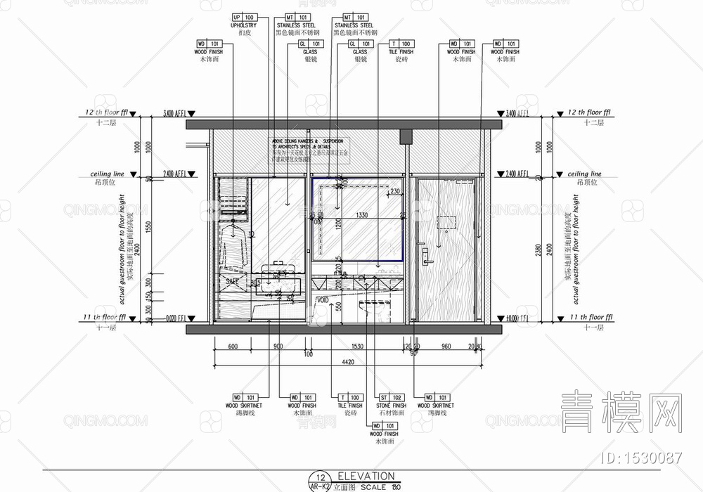 65㎡酒店标准大床房平立面施工图 客房 大床房 套房【ID:1530087】