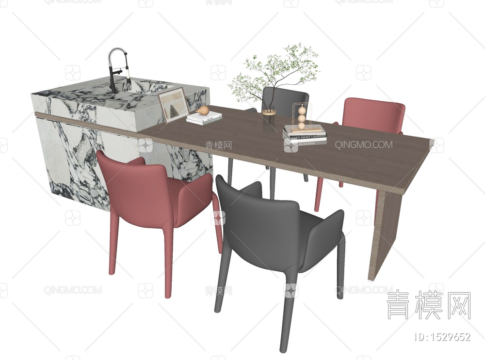 中岛餐桌椅组合SU模型下载【ID:1529652】