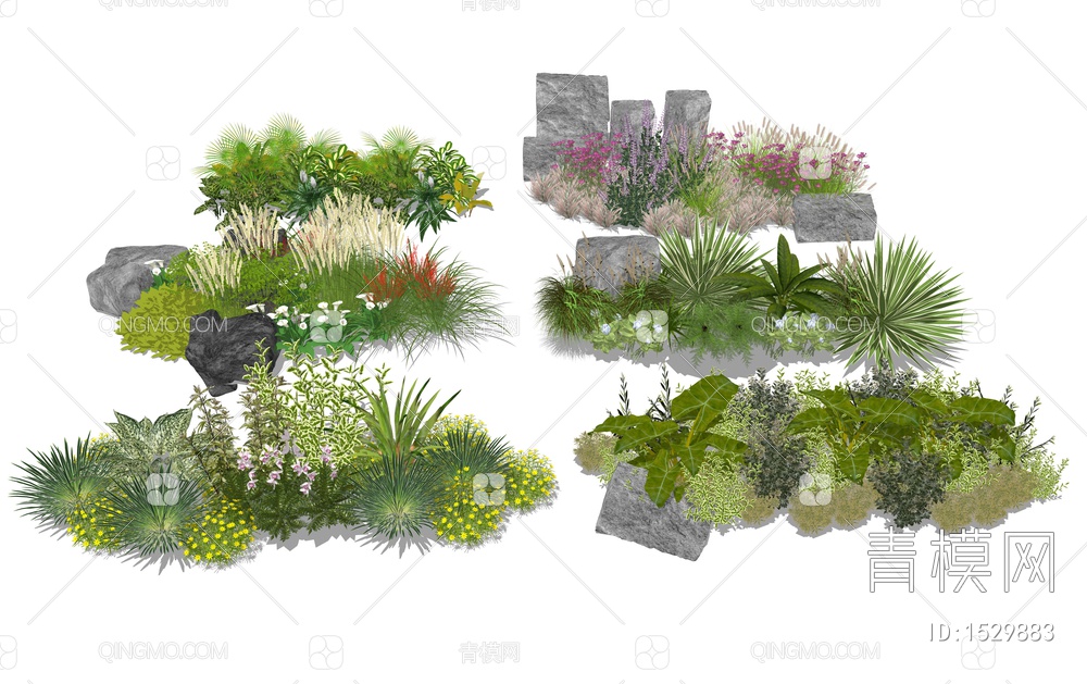 景观植物灌木花丛 花卉组合 花境组合 花草 石头SU模型下载【ID:1529883】