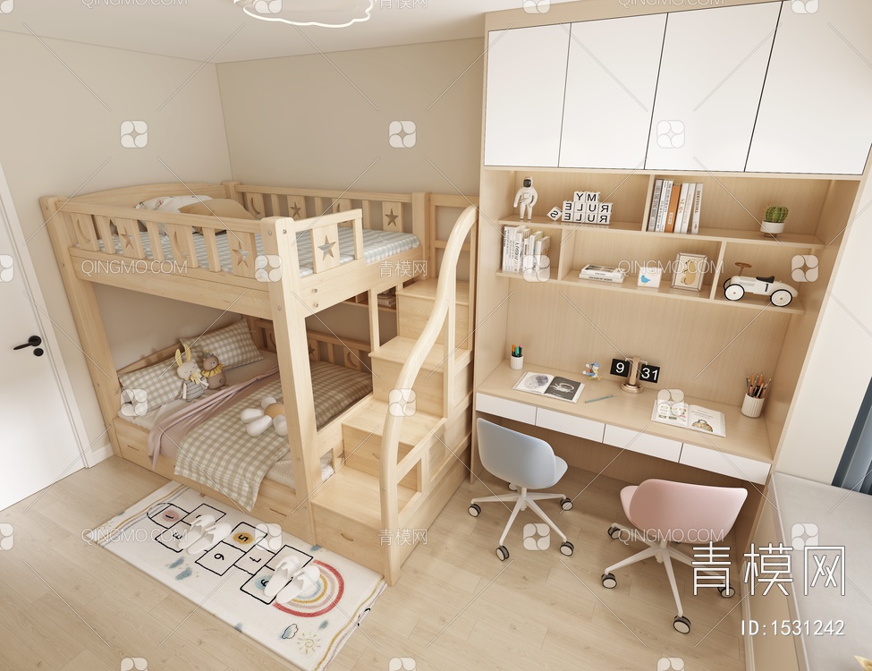 儿童房，高低床3D模型下载【ID:1531242】