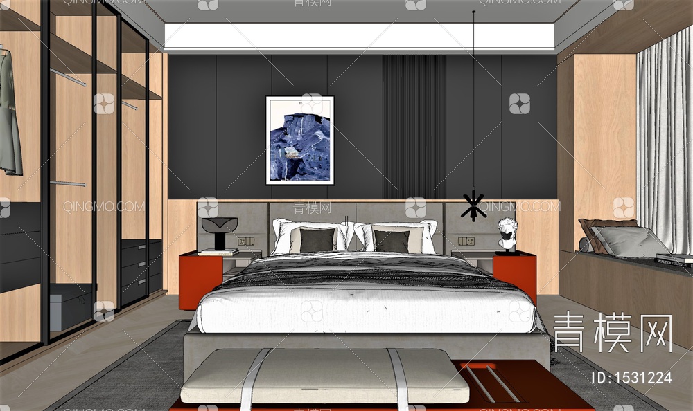 CR,卧室，高级黑，原木，床品，，SU模型下载【ID:1531224】