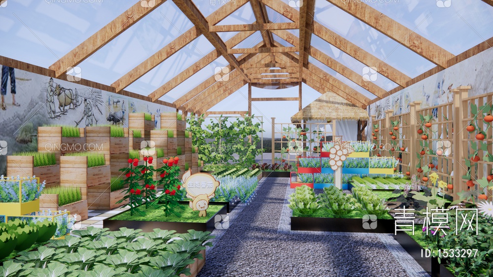 菜园景观 大棚蔬菜 玻璃阳光房 庭院景观 菜地 蔬菜组合 温室种植SU模型下载【ID:1533297】