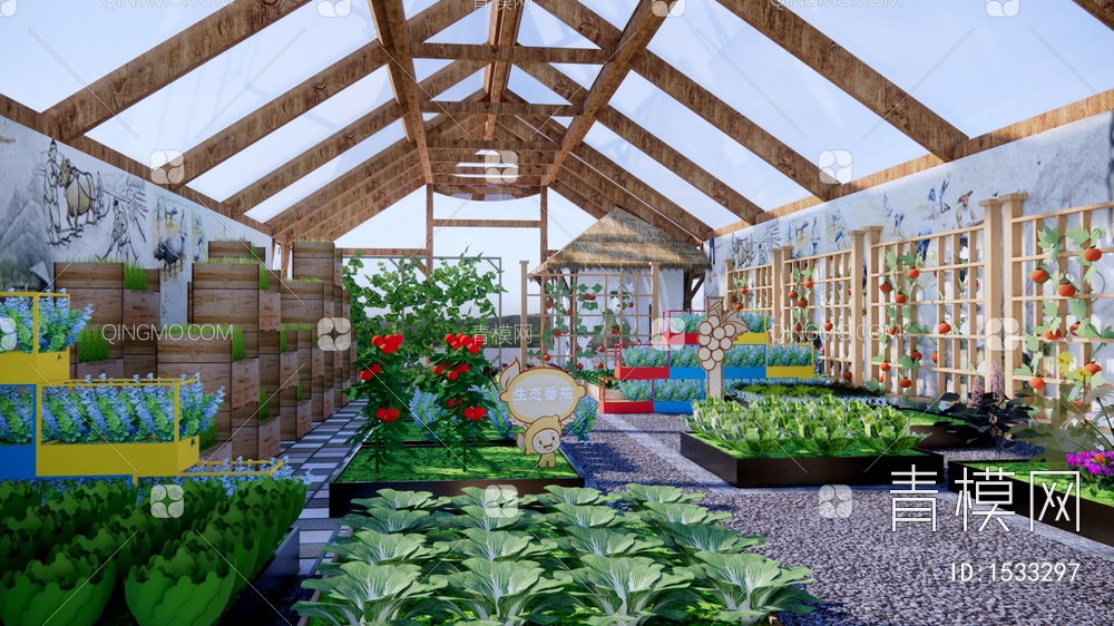 菜园景观 大棚蔬菜 玻璃阳光房 庭院景观 菜地 蔬菜组合 温室种植SU模型下载【ID:1533297】