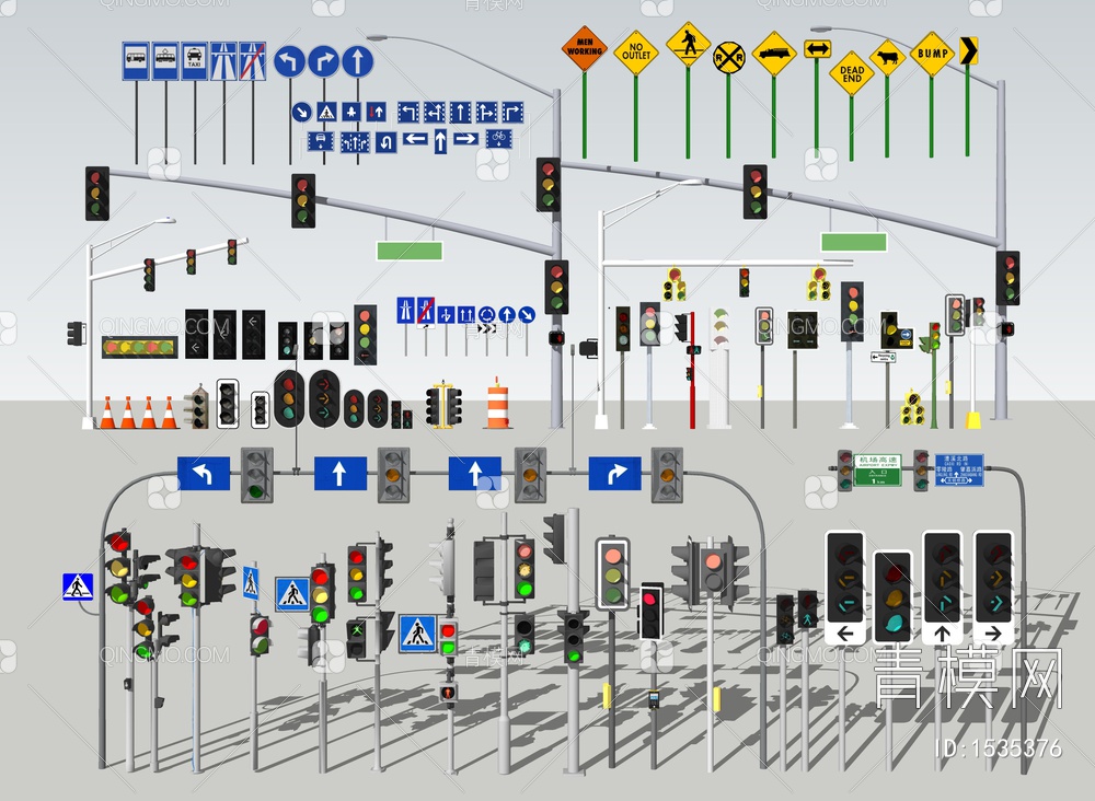红绿灯 市政道路标识牌 交通标志指示牌 路灯 导向路牌 交通信号灯SU模型下载【ID:1535376】