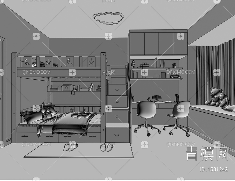 儿童房，高低床3D模型下载【ID:1531242】