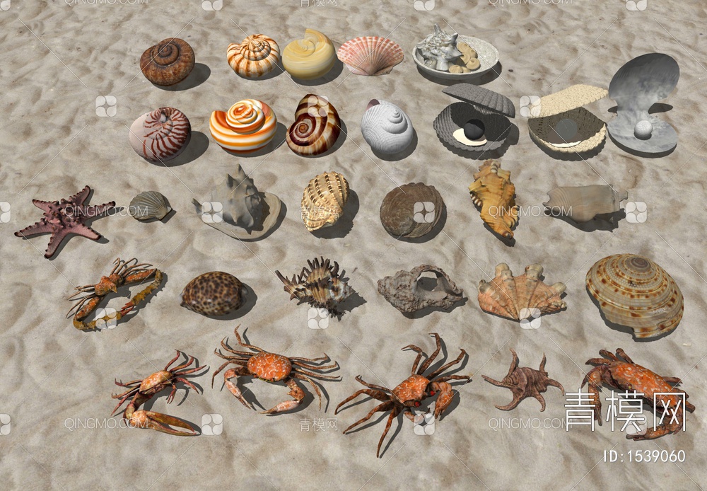 摆件 贝壳 海螺 蜗牛 扇贝 海洋生物 海星 螃蟹SU模型下载【ID:1539060】