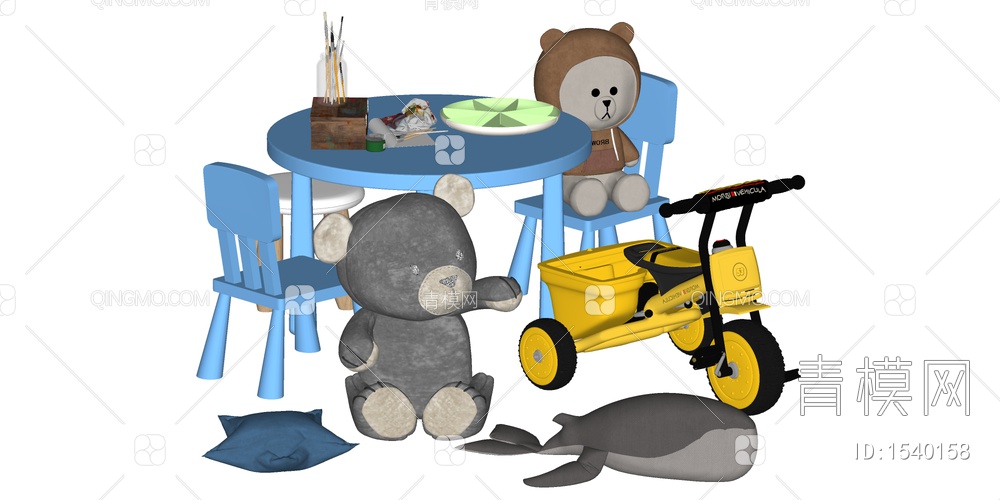 儿童玩具组合 玩具车 玩偶 儿童桌椅SU模型下载【ID:1540158】