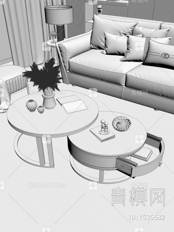 沙发 茶几带抽屉 摆件组合3D模型下载【ID:1535682】
