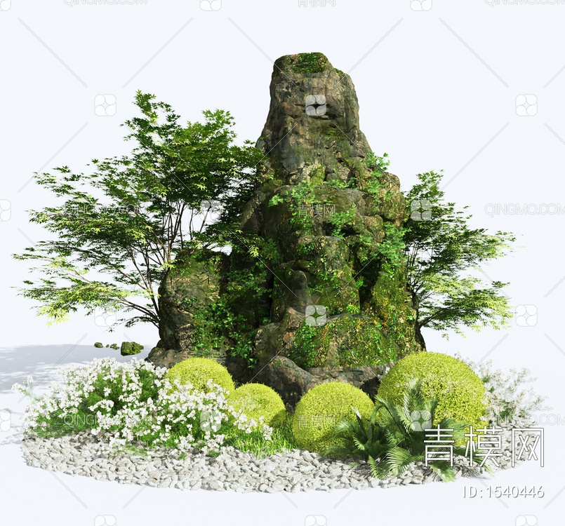 庭院景观 植物景观 树 假山 园艺小品3D模型下载【ID:1540446】