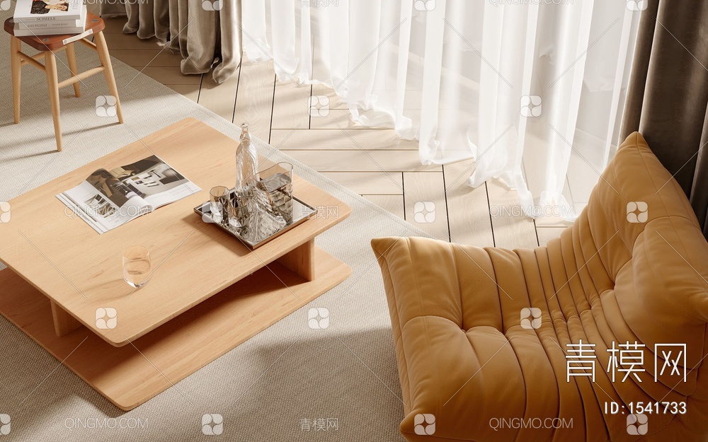 单人沙发 茶几 木地板 窗帘 纱帘3D模型下载【ID:1541733】