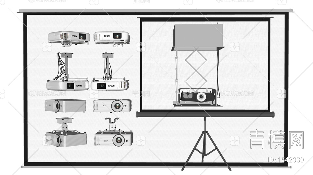 投影仪 投影幕布 投影仪组合SU模型下载【ID:1542330】