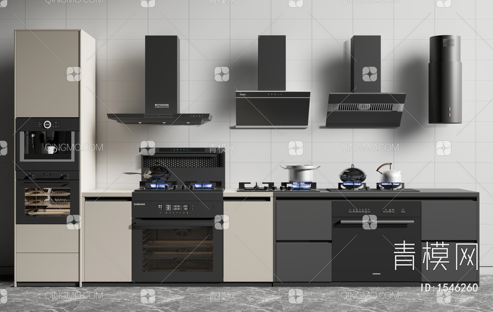 厨房电器组合 油烟机 灶台 咖啡机 橱柜3D模型下载【ID:1546260】