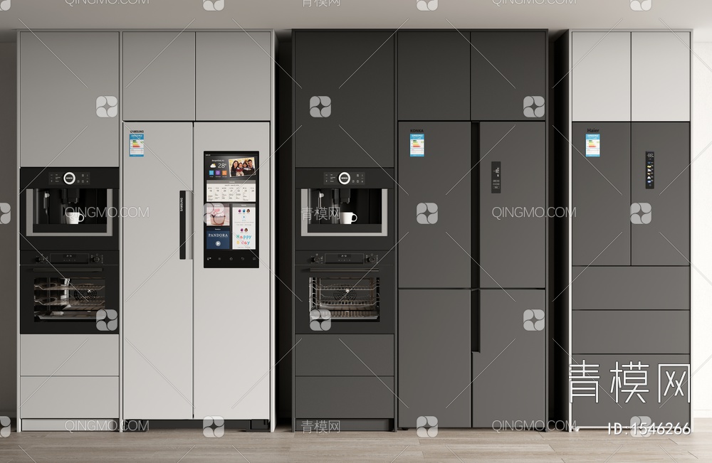 冰箱 嵌入式冰箱 双门冰箱 烤箱 咖啡机 橱柜3D模型下载【ID:1546266】