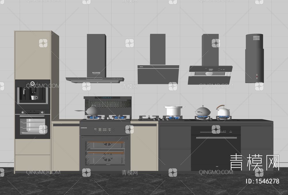 厨房电器组合 油烟机 灶台 咖啡机 橱柜SU模型下载【ID:1546278】