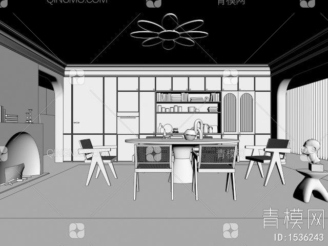餐厅 餐桌椅 橱柜 吊灯3D模型下载【ID:1536243】