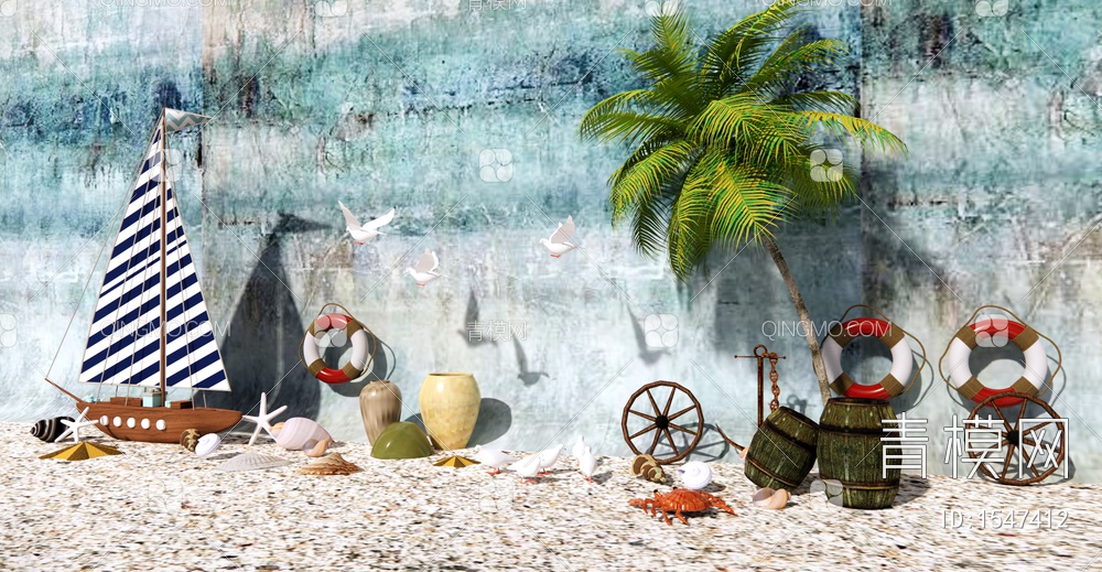 海滩公园景观 小船贝壳沙滩 螃蟹 帆船 椰子树 海洋主题公园SU模型下载【ID:1547412】