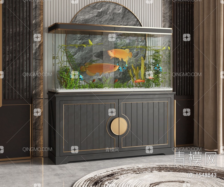 鱼缸 水族箱 玻璃鱼缸 金鱼 水草3D模型下载【ID:1548843】