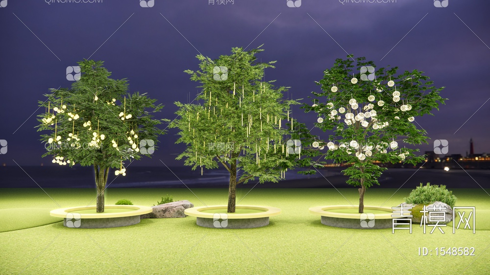乔木 景观树 挂树灯 LED照树灯 商业景观氛围灯 景观树池SU模型下载【ID:1548582】