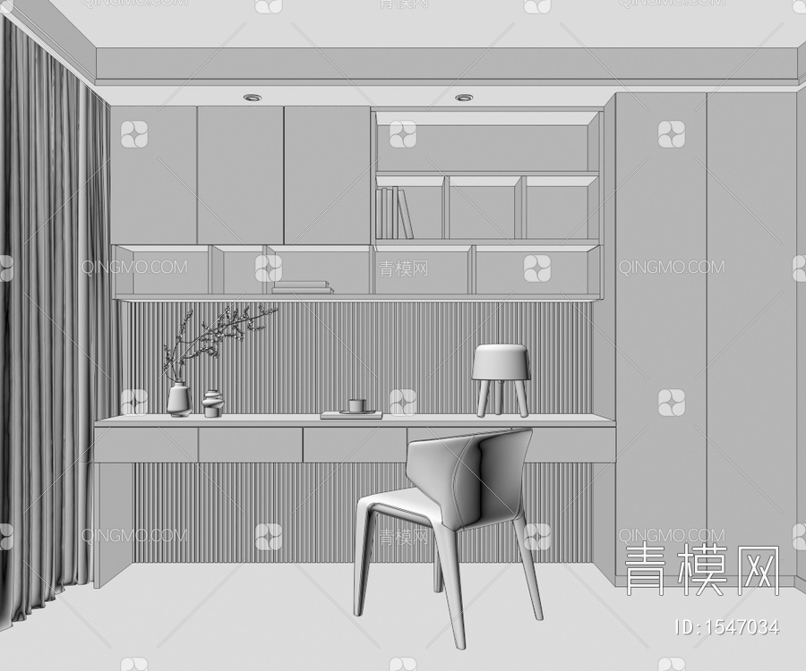 ，原木，书房，书桌椅，黑色3D模型下载【ID:1547034】