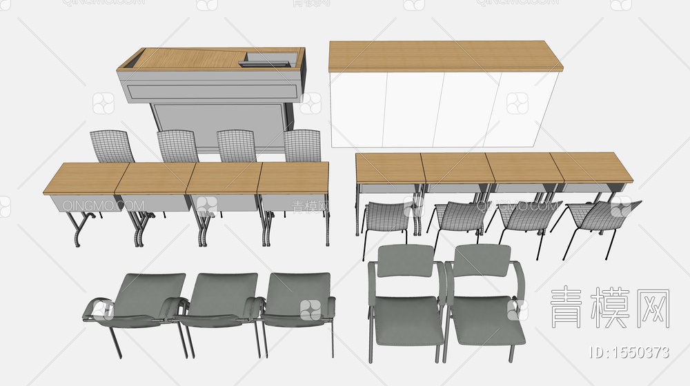 课桌椅 书桌椅 讲台SU模型下载【ID:1550373】