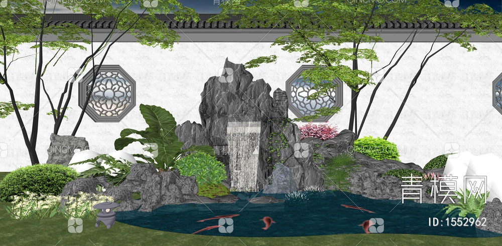 假山水景 跌水景观 园林景观水池 假山叠水瀑布 庭园景观石头组合SU模型下载【ID:1552962】