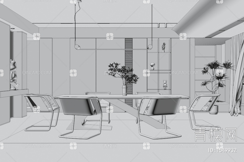 餐厅 餐桌椅 餐椅 单椅 背景墙 吊灯 地毯 盆栽盆景3D模型下载【ID:1549932】