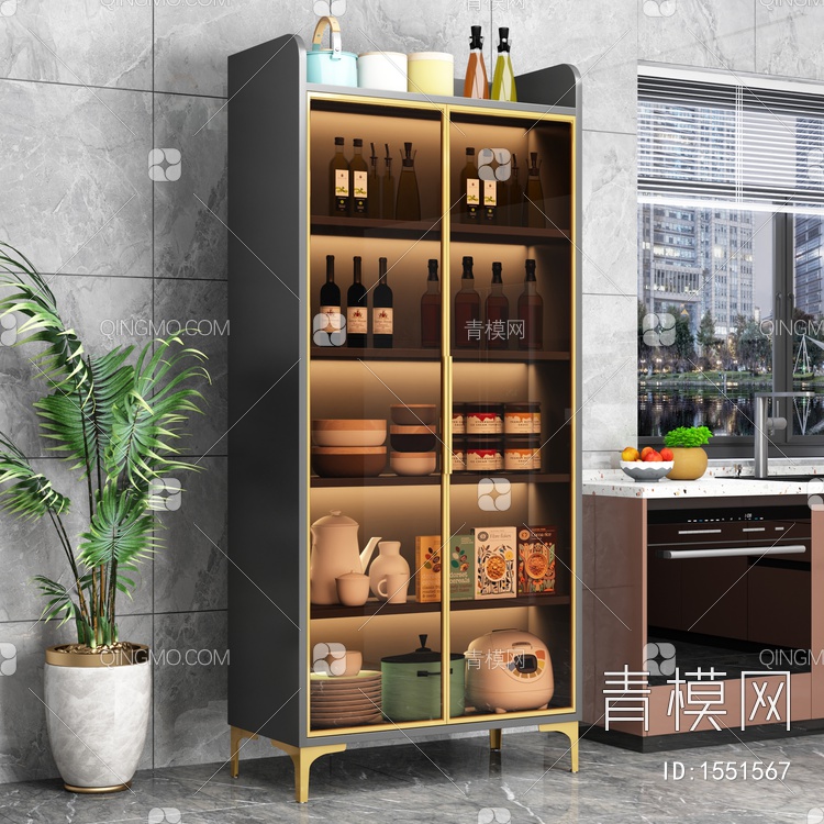 厨房收纳柜 玻璃柜3D模型下载【ID:1551567】