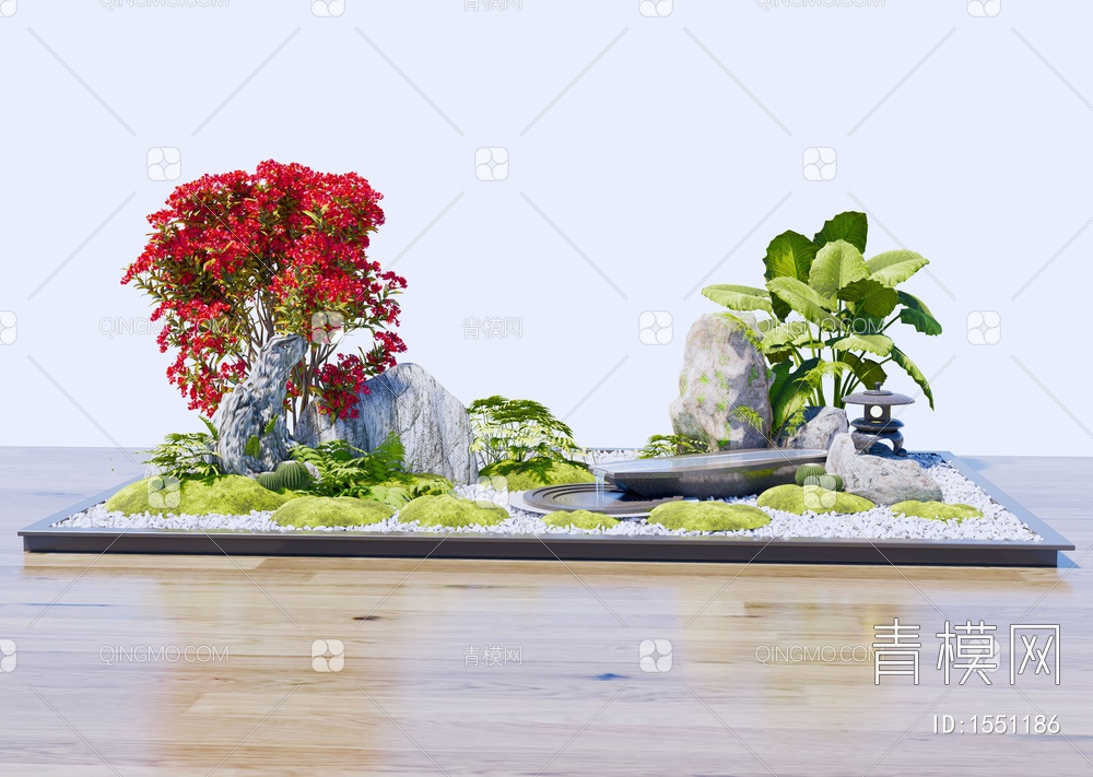 庭院小品 室内造景 开花植物 景观石 枯山水 微地形  水钵 庭院花园SU模型下载【ID:1551186】