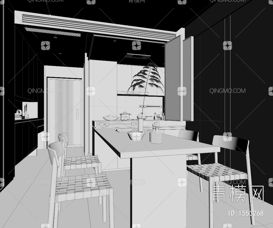 原木风客餐厅、厨房3D模型下载【ID:1553268】