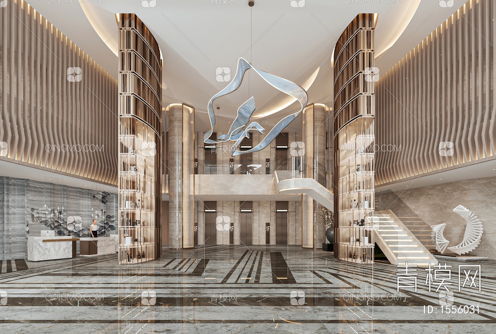 酒店大堂 大厅 电梯厅 前台3D模型下载【ID:1556031】