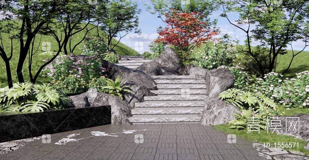 台阶景观 景观石阶 景观植物组团 庭园假山置石 苔藓石 红枫SU模型下载【ID:1556571】