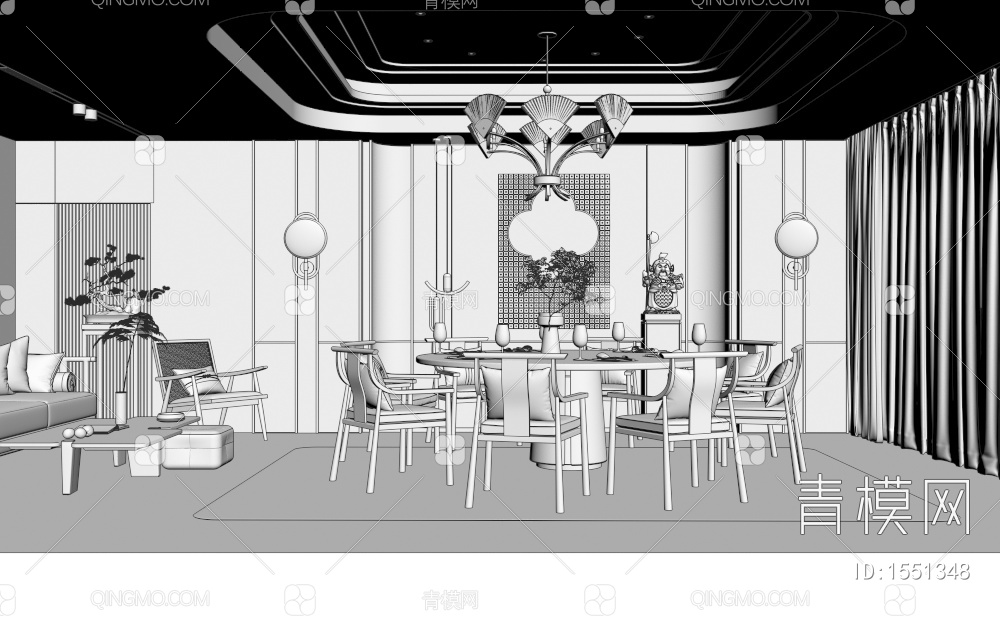 餐厅包间 餐饮包房 圆形餐桌椅3D模型下载【ID:1551348】
