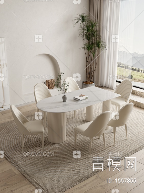奶油风餐桌椅组合3D模型下载【ID:1557855】