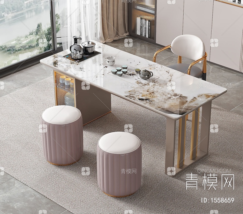 大理石茶桌椅组合SU模型下载【ID:1558659】