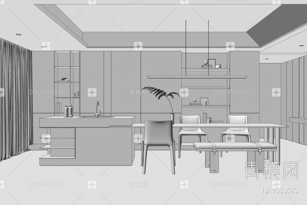 餐厅，餐桌椅，中岛，吧台3D模型下载【ID:1553523】