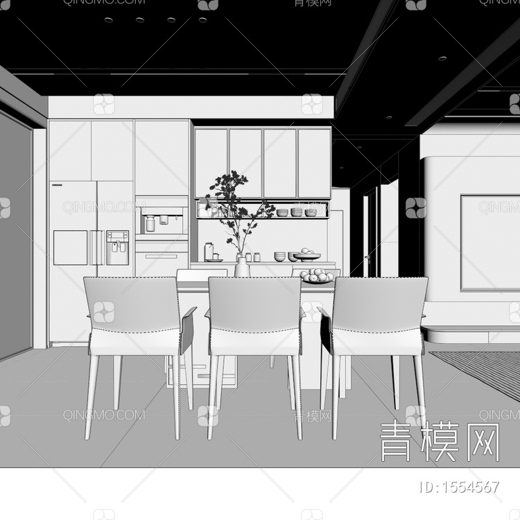 家居客餐厅、开放式厨房3D模型下载【ID:1554567】