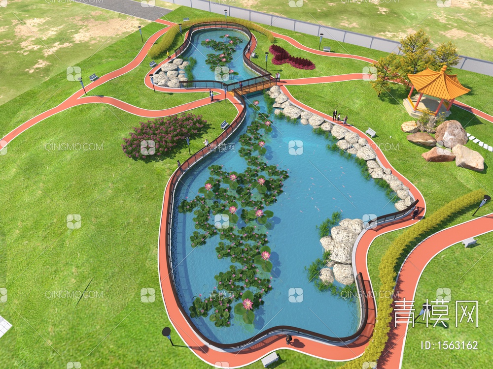 公园荷花水池铁艺栏杆水草金鱼3D模型下载【ID:1563162】