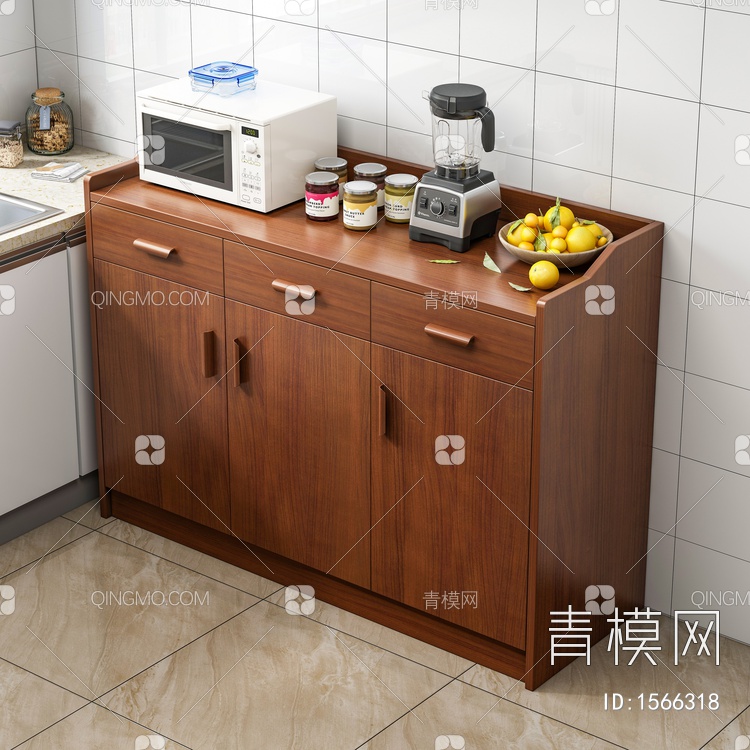 厨房餐边柜 微波炉 水果 调料瓶 地砖组合3D模型下载【ID:1566318】