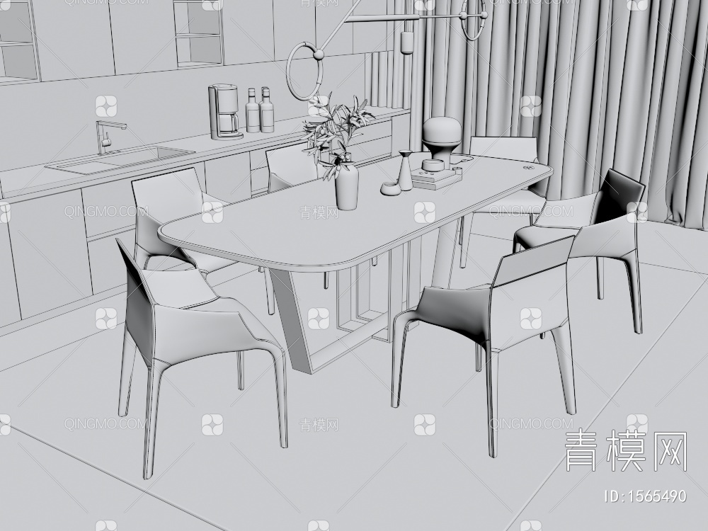 餐桌椅组合 餐厅 单椅 酒柜 地毯 吊灯3D模型下载【ID:1565490】