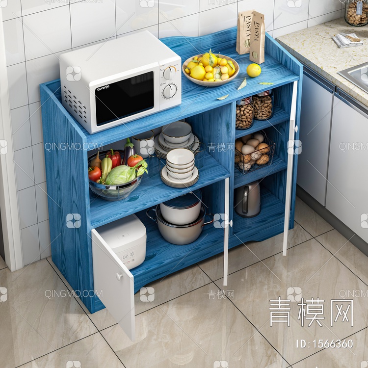 厨房餐边柜 微波炉 水果 鸡蛋 碗 砂锅组合摆件3D模型下载【ID:1566360】