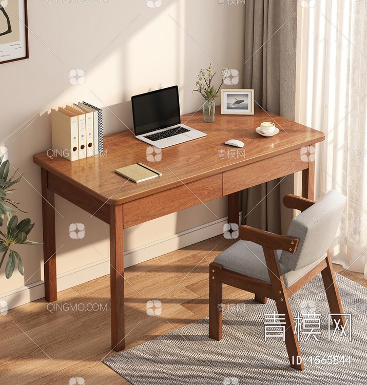 书桌 桌椅 绿植 笔记本 地毯摆件组合3D模型下载【ID:1565844】