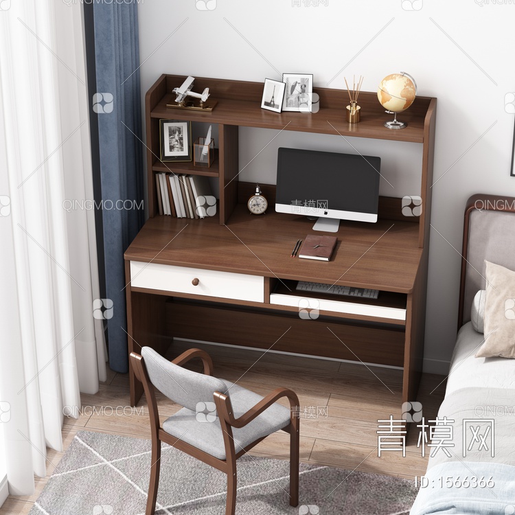 书桌 椅子 床 电脑 书籍 窗帘组合3D模型下载【ID:1566366】