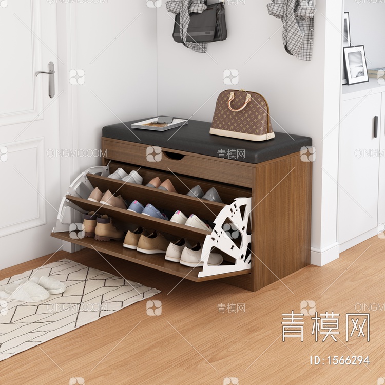 折叠收纳鞋柜 换鞋凳 地毯 门组合3D模型下载【ID:1566294】