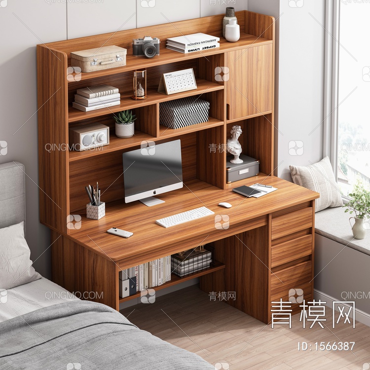 卧室 书桌 电脑 抱枕 绿植收纳盒组合3D模型下载【ID:1566387】